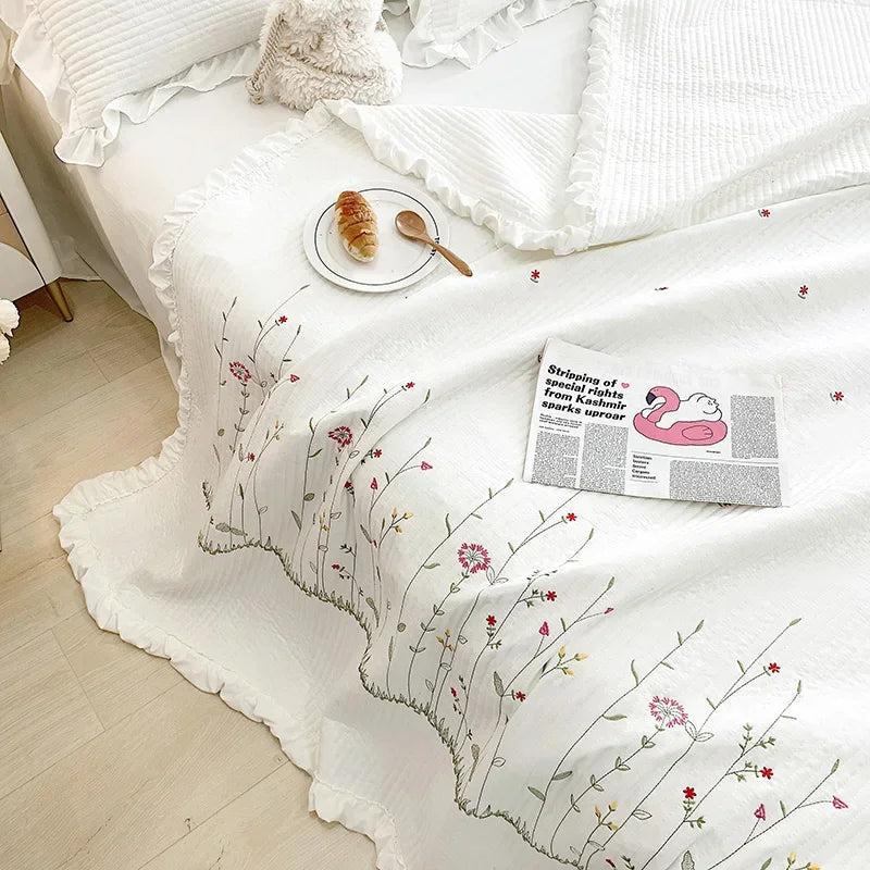 Ruffles Flowers Embroidery Spring Summer Quilt 1/3/4 Pcs Set Princess Quilted Bedspread Air-conditioning Blanket Comforter Duvet