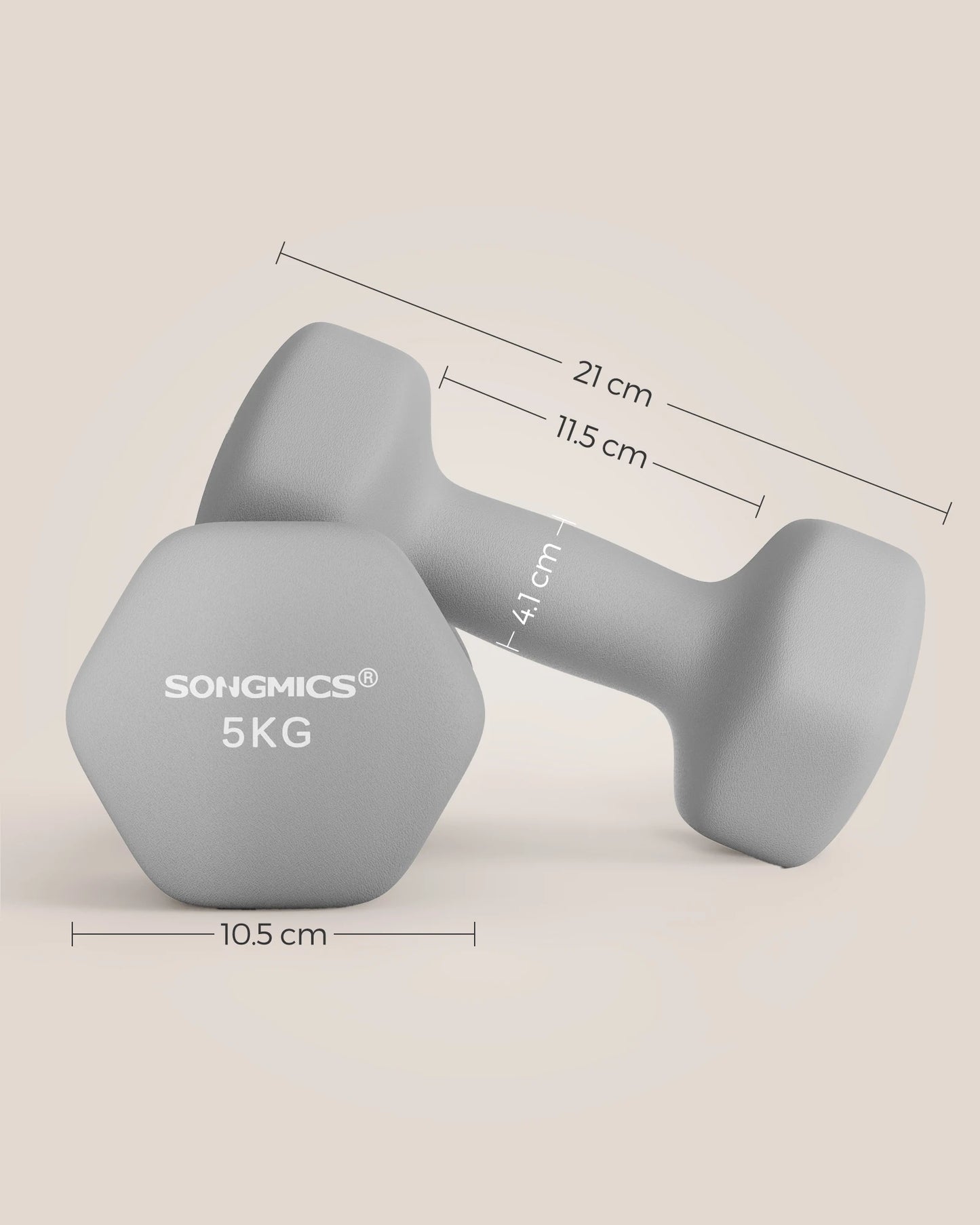 SONGMICS Set of 2 Neoprene Hex Dumbbells, 2 x 5 kg, with Dumbbells Bars, Home Training, Grey