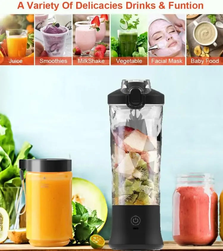 Portable blender with 20oz cup, USB-C rechargeable, self-cleaning, cordless for smoothies, gym, office.
