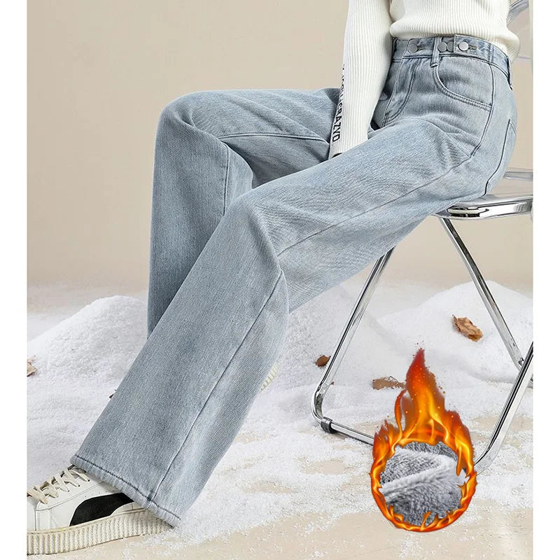 Winter Lady Solid Plush Thermal High Waist Jeans Girls Snow Warm Fleece Denim Pants Women Baggy Straight Leg Casual Trousers