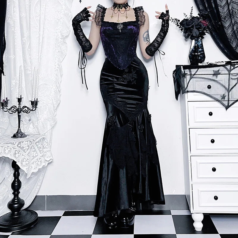 Mall Goth Velvet Fishtail Skirt Women Vintage Jacquard Hip Wrap Fairy Grunge Skirt Victorian Ladies Steampunk Long Skirt