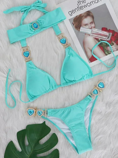 Halter Crystal Rhinestone Diamond Bikini 2025 Female Swimsuit Women Swimwear Two Pieces Bikini set Brazilian Bathing Suit Swim