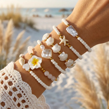 Cute Coral Starfish Shell Multi-Layer Bracelet for Women Ocean Series Fashion Stackable Beaded Jewelry Accessories