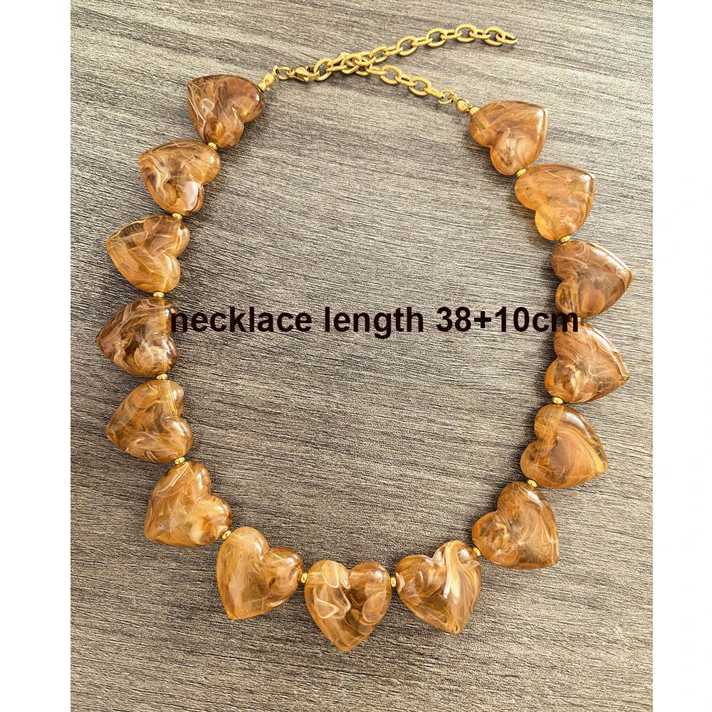 Big Love Heart Necklace Women Choker Statement Bracelet Gold Color Acrylic Beads Stainless Steel PVD Waterproof White Beige Red