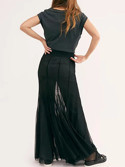 Sexy See Through Sheer Mesh Long Skirts Elastic High Waist Ruffle Hem Flowy Skirts Party A-line Midi Skirts Women Casual Clothes