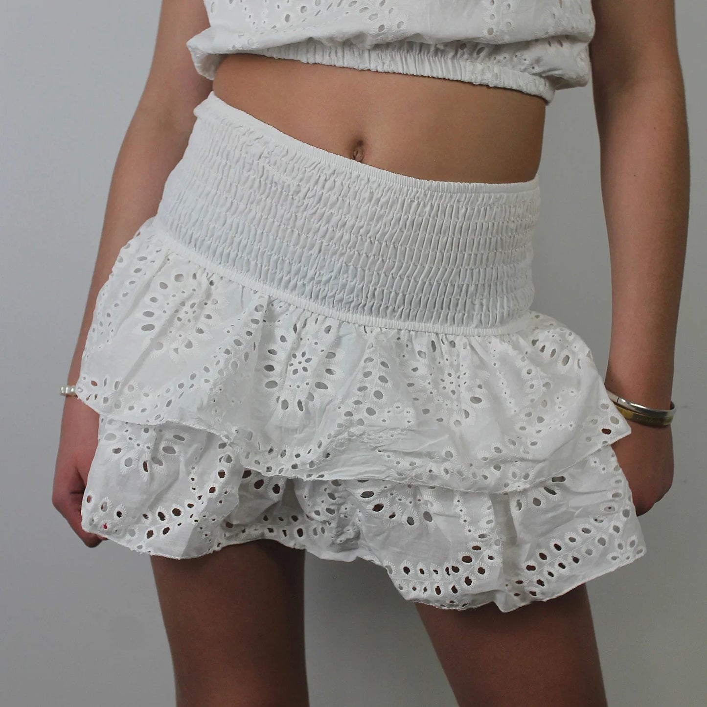 Women A-Line Pointelle High Waist Layered Ruffle Skirt Shirred Mini Skirt Summer Solid Color Sweet Skirts Black/White/Pink