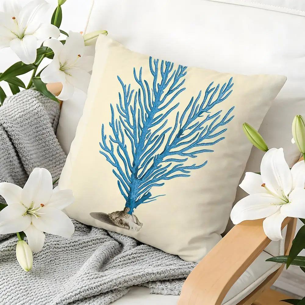 Cushion Cover  Linen  Skin-Friendly Soft Decorative Case For Sofa Home Decor Blue Sea Creature Coral Shrimp Pillow cover