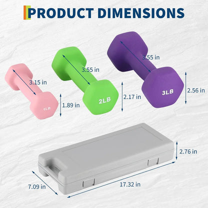 3 Pairs Non-Slip Anti-Roll Hex Dumbbell Set with Storage Box Neoprene Coated Plastic Steel Adjustable Dumbbells for Home Fitness
