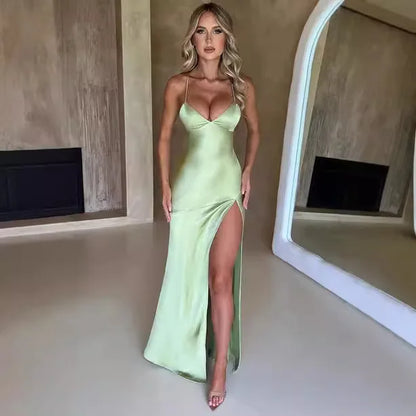 Bandage Backless Elegant Dress Split Hem Spaghetti Strap Slim Cocktail Party Club Fashion Satin Solid Lace-Up Long Dresses
