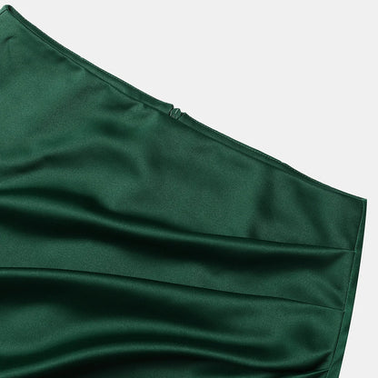 New In 2025 Women's Summer High Waist Satin Pleated Split Green Long Skirt Solid Color Zipper Office Lady Party Elegant Skirts