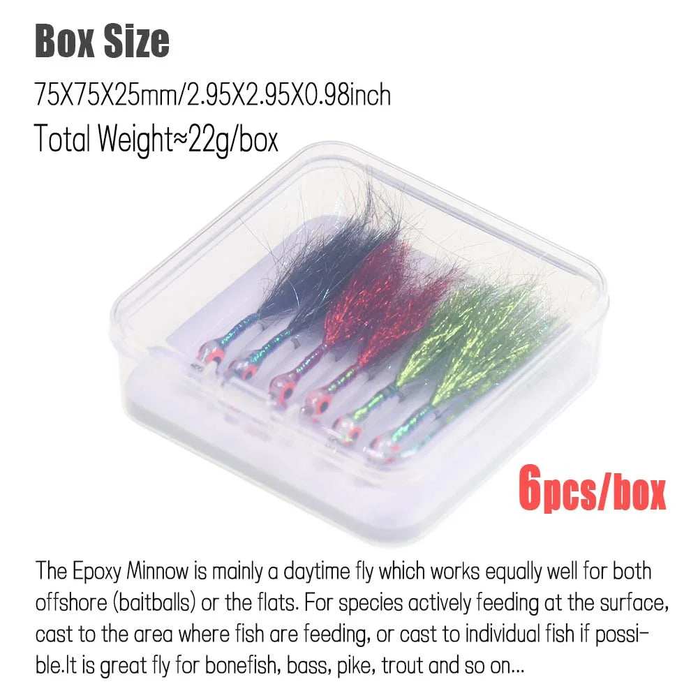 6pcs Luminous 3D Fish Eye Epoxy Minnow Streamer Fly Stainless Steel Hook Ice Dubbing Tail Saltwater Fishing Trout Bass Lure Bait