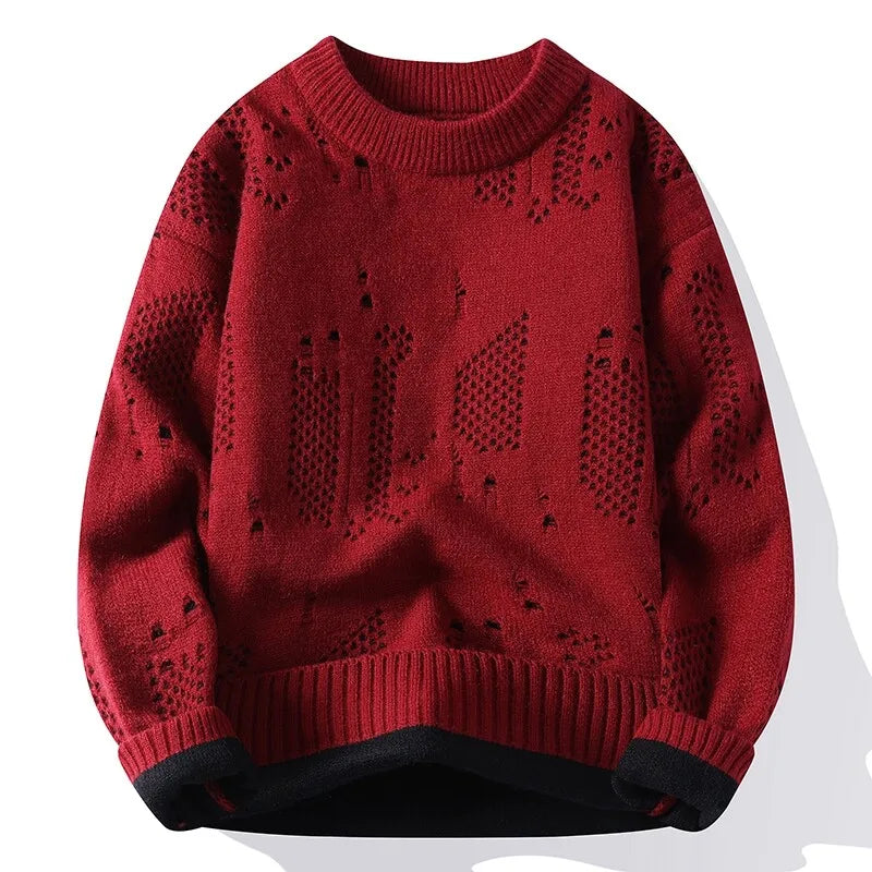 Autumn Winter Fashion Hole Knit Sweater Men O-Neck Solid Color Youthful Vitality Casual Knitted Pullovers Man Streetwear Sweater