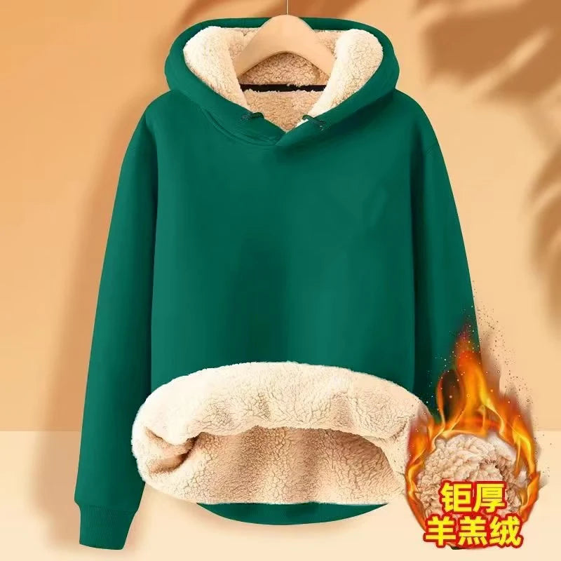 Fleece Sweatshirt Thickened Lamb Plush Hooded Pullover Casual Solid Sports Simple Top Long Sleeve Women Clothes Spring Loose New