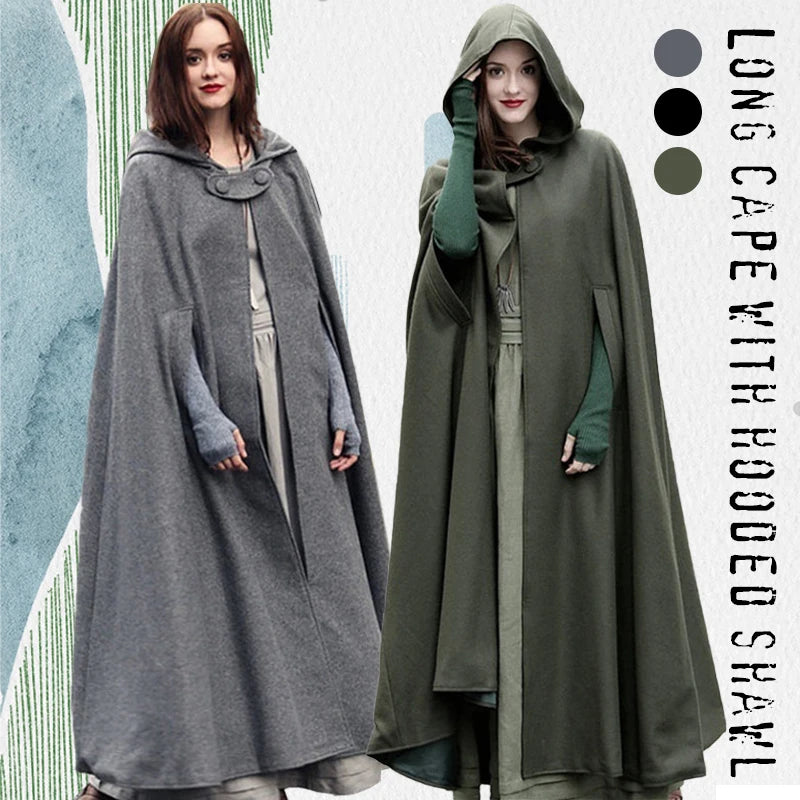 Winter Cloak Hooded Trench Coat Women Gothic Medieval Shawl Cloak Trench Coat Open Front Cardigan Jacket Coat Cape Poncho