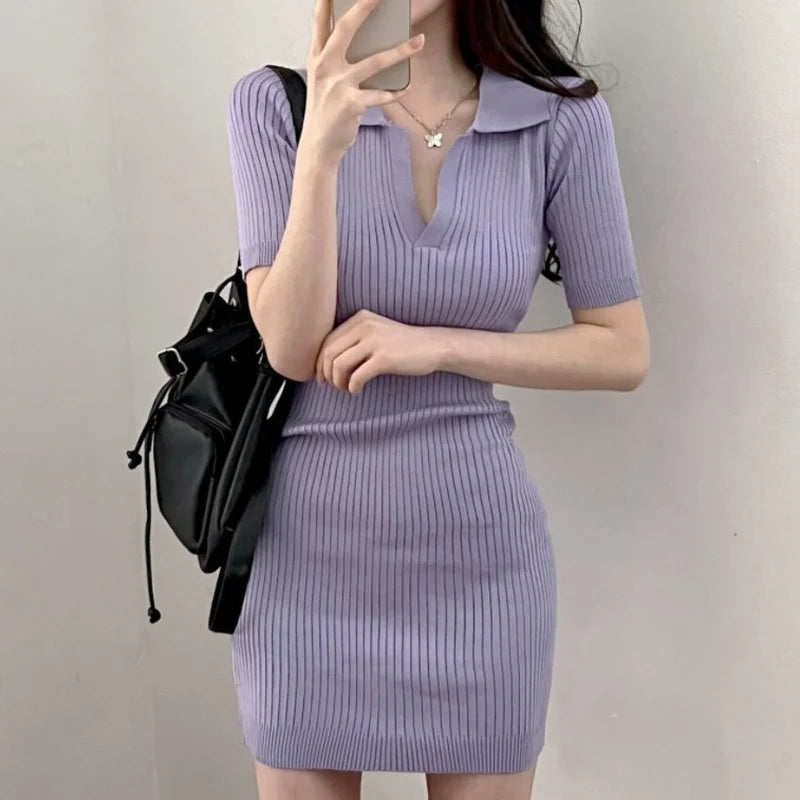 Short Sleeve Dress Women Slim Knitting Female Clothes Summer Streetwear Vacation Casual Soft Sweet Basic Ulzzang Vestidos