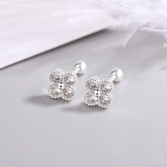 925 Sterling Silver Four Round Zircon Small Piercing Stud Earrings For Women Luxury Elegant Fine Jewelry Accessories Jewellery