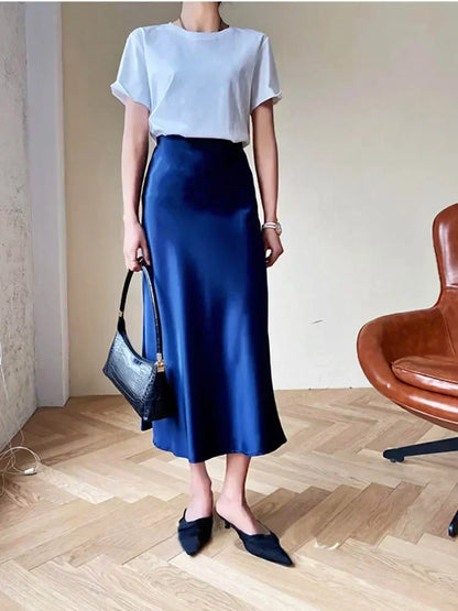 Silk Satin Skirts for Women Korean Style Champagne Office High Waist A-line Skirt Fashion Elegant Solid Long Pencil Skirt 2025