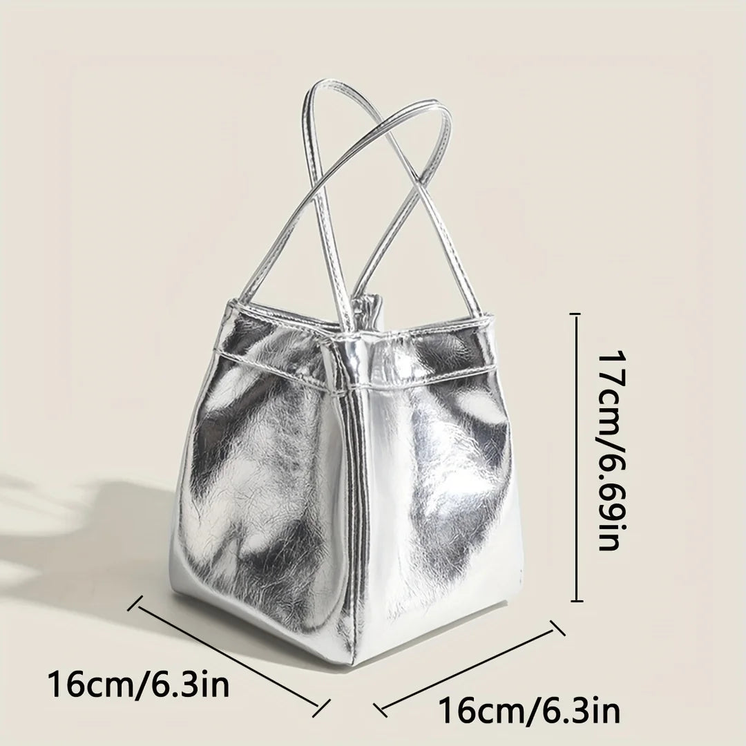 Sparkling Silver Mini Drawstring Bucket Bag, PU Glittery Crossbody Handbag with Wallet for Women