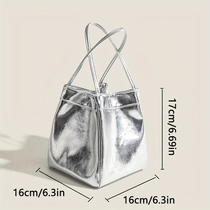 Sparkling Silver Mini Drawstring Bucket Bag, PU Glittery Crossbody Handbag with Wallet for Women
