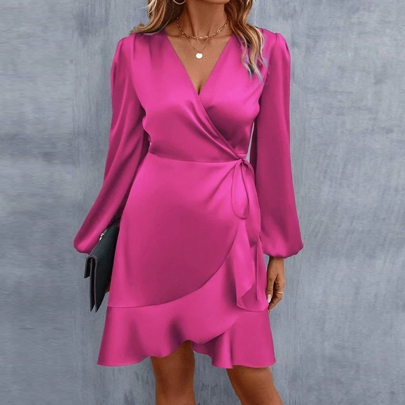 Fashion Women Satin Mini Dress Boho Vintage V Neck Button Shirt Dresses For Women Casual Office Dress 2023