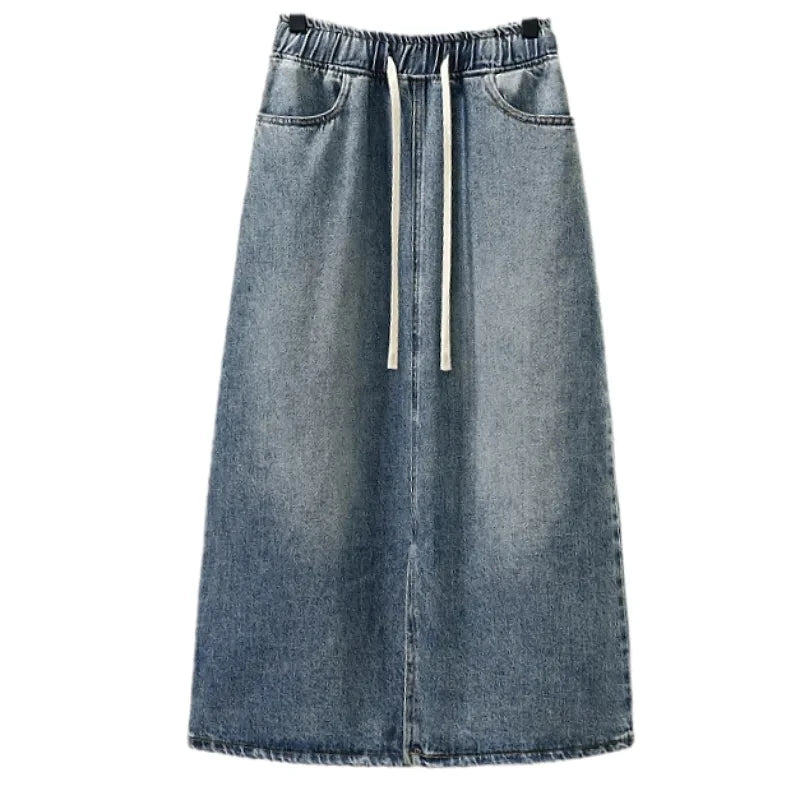 Spring/Summer 2026New Lady Drawstring Elastic Waist Split Denim Skirt High Waist Slim Retro Denim Casual A-Line Skirts Female