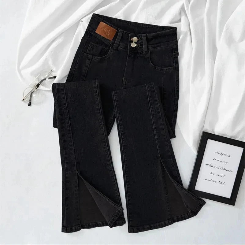 High-waist Stretch Split Flare Jeans Women Street Clothes Spring Summer 2025 New Slim Women Vintage Denim Trousers Casual Jeans