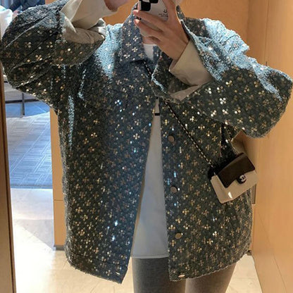 Blue sequined embroidered small fragrance jacket women's autumn and winter new jeans fashion design sense niche jacket