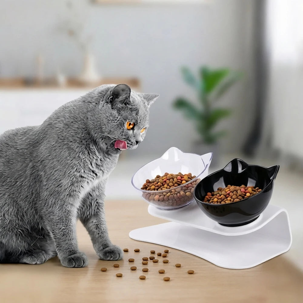 Cute Cat Ear Double Bowls for Cats Food and Water Raised Stand Kitten Feeding Bowl Cervical Protection Anti-Slip Pet Supplies
