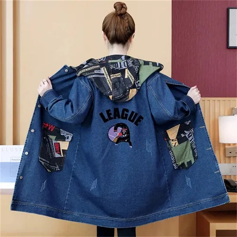 2025 Spring Autumn Denim Jacket Women Hooded Windbreaker Cartoon Printed Coat Long Outerwear Female Oversize 5XL Loose Overcoat