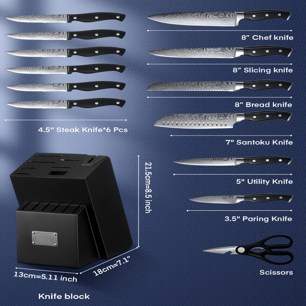 14 Pieces Kitchen Knife Set With Built-in Sharpener, Stainless Steel Kitchen Knives With Unique Waved Pattern, Non-slip Handle, Black