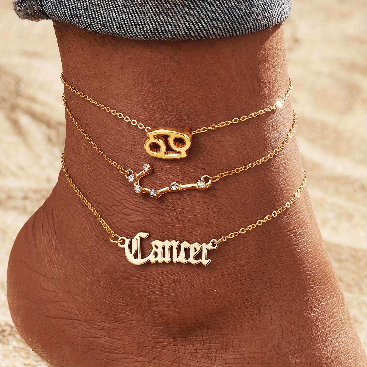 3 Pieces/ Set Golden Zodiac Anklets Set, Bohemian Elegant Ladies Multi-Piece Chain, Fashion Astrological Sign Charms For Women