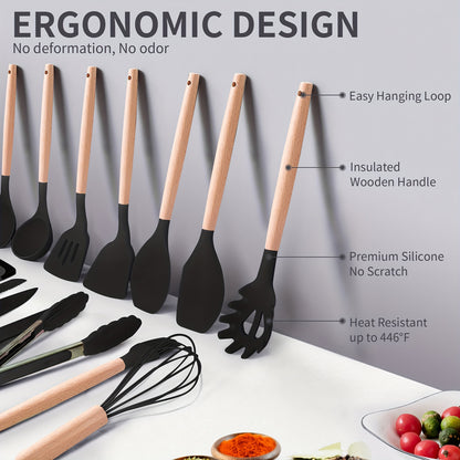 19-Piece Premium Heat-Resistant Silicone Kitchen Utensil Set With Wooden Handles, Chef Knifes, Non-Stick Friendly Cooking Tools, and Bamboo Storage Bucket