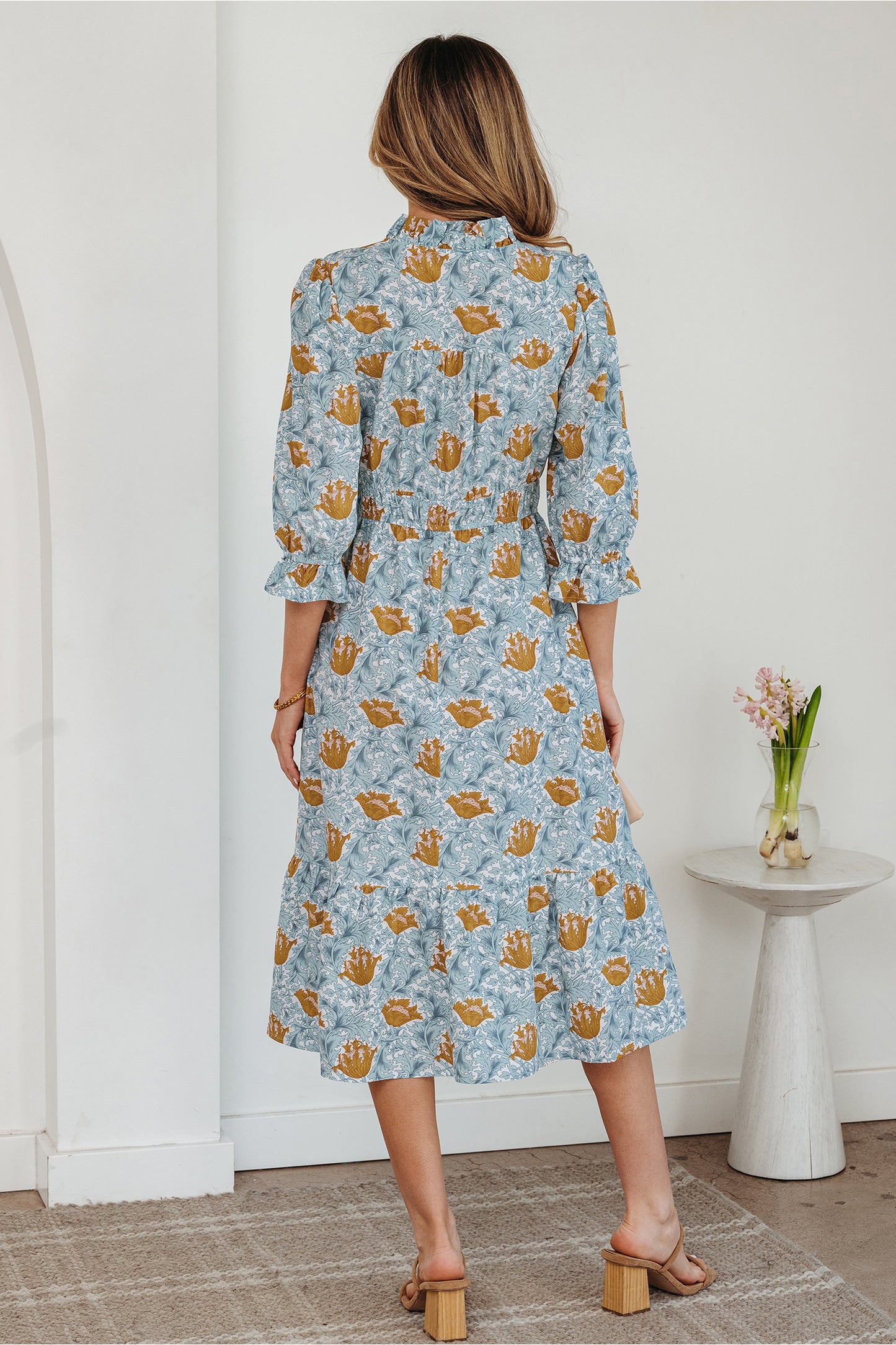 Brown Floral Printed Frilled V Neck Bracelet Sleeve Long Dress