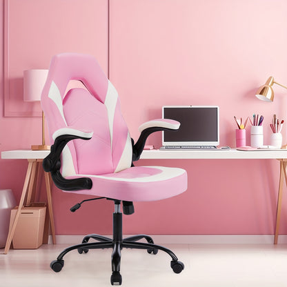 OLIXIS Computer Gaming Chair, Office Desk PU Leather Chair with Padded High Back Flip-up Armrests, Swivel Task Chair Adjustable Height, pink