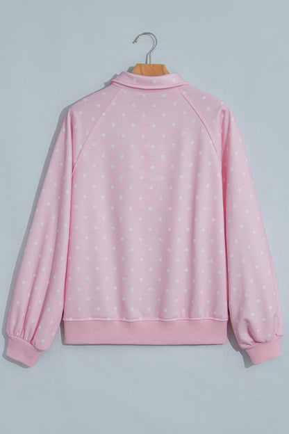 Pink Polka Dot Print Metal Button Collar Casual Pullover Sweatshirt