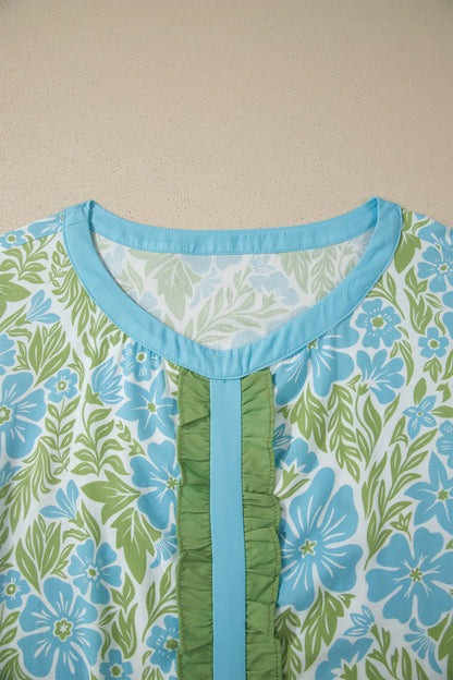 Sky Blue Floral Print Ruffled Color Block Trim Half Sleeve Blouse
