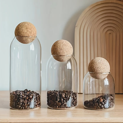 3pcs Cork-Topped Borosilicate Glass Jars with Wooden Balls, Transparent Spice Containers for Seasonings, Coffee, Beans & Kitchen Storage – Dishwasher-Safe Food-Grade Airtight Seal, Affordable Price, Food Preservation, Coffe