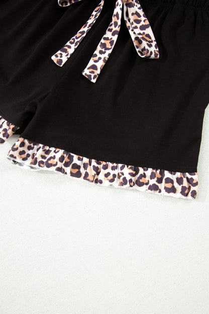 Black Leopard Patchwork Trim Lapel Shirt Drawstring Shorts 2pcs Pajama Set