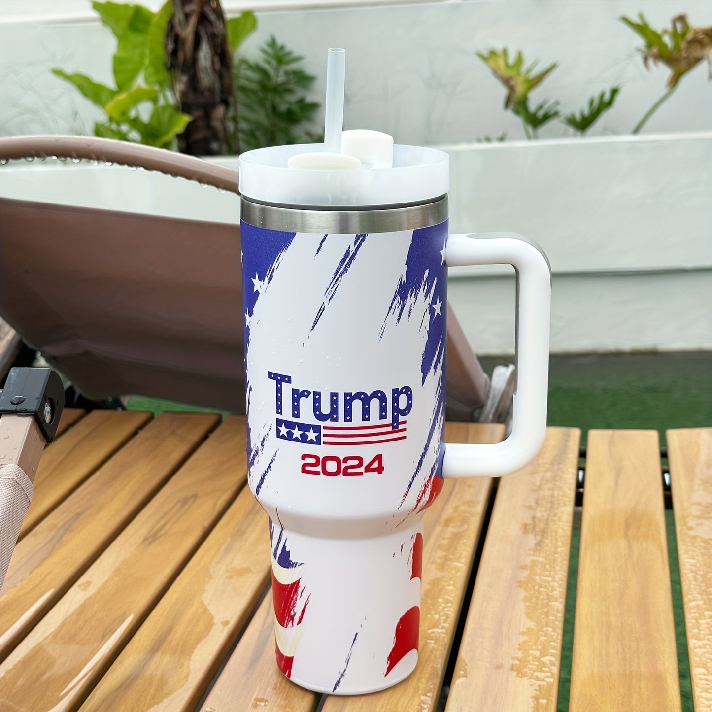 1pc, US Flag Tumbler With Lid And Straw, 40oz Stainless Steel Thermal Water Bottle With Handle, Portable Drinking Cups, For Car, Home, Office, Summer Drinkware, Travel Accessories, Home Kitchen Items, 2024 Birthday Gifts
