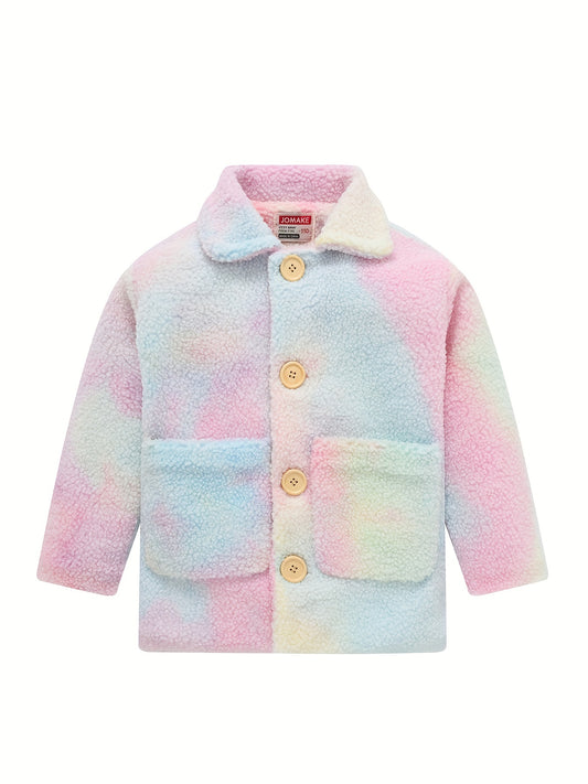 Girls' Lamb Fur Jacket | JOMAKE Korean-Style Lapel Collar, Two-Tone, Warm Windbreaker with Pockets, Lining, Button Closure, Long Sleeves for Winter