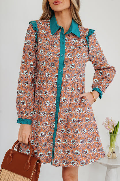 Orange Boho Floral Contrast Collared Shirt Mini Dress