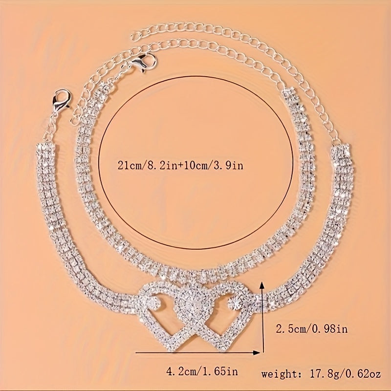 2pcs Trendy Style Double Heart Rhinestone Decor Anklets, Shiny Multi Layer Double Heart Crossed Anklets, Foot Chain Jewelry Accessories