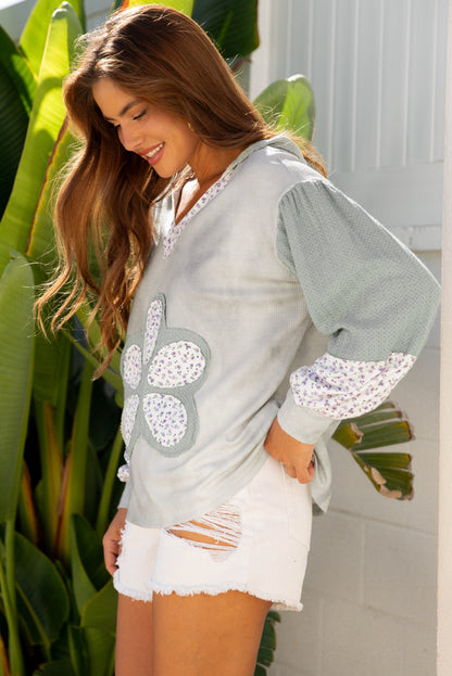 Green Floral Patched Waffle Textured Colorblock V Neck Casual Hooded Top