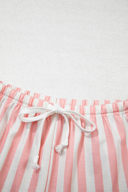 Gossamer Pink Striped Color Block Pullover Top Drawstring Shorts Set