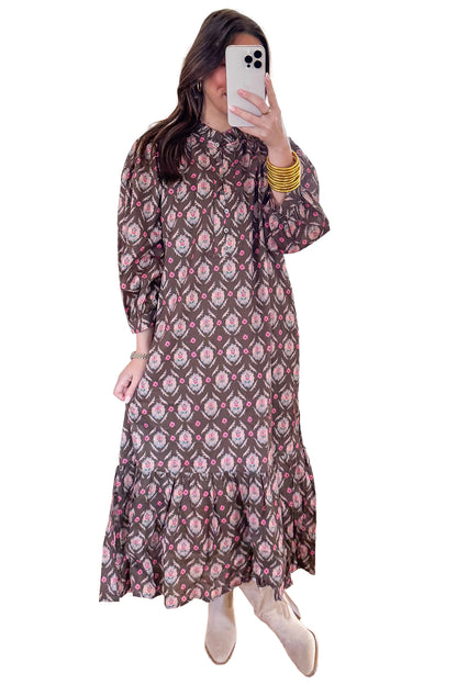 Brown Floral Print Button Front Ruffle Hem Midi Dress