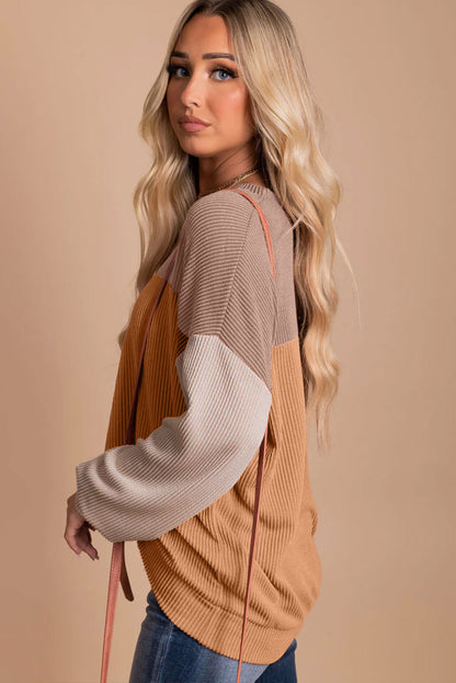 Fiery Red Color Block Long Sleeve Ribbed Loose Top