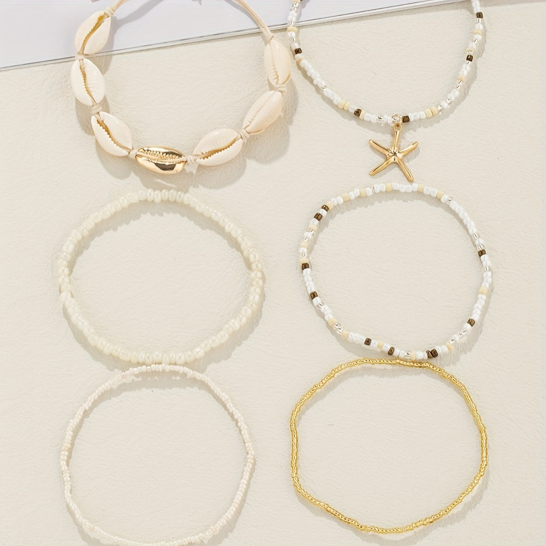 6pcs Set Unisex Glass Bead Anklets with Faux Shell & Starfish Pendants, Random Size & Quantity, Simple Vacation Style, Summer Beach Foot Jewelry for Daily & Holiday Wear