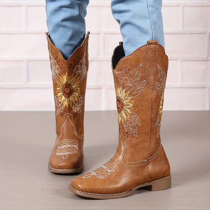 Women's Embroidered Mid Calf Western Boots, Faux Leather Fashion Boots, Women's Footwear