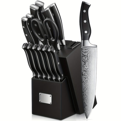 Knife Set, 14PCS German Stainless Steel Kitchen Knives Block Set With Built-in Sharpener, Black