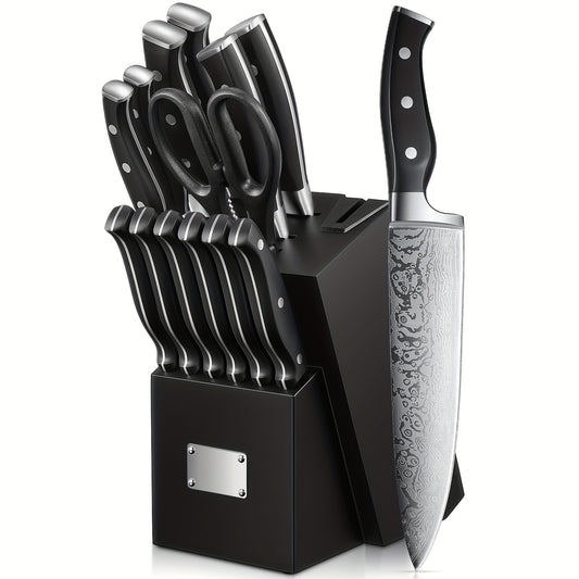 Knife Set, 14PCS German Stainless Steel Kitchen Knives Block Set With Built-in Sharpener, Black